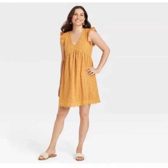 Knox Rose Mustard Yellow Eyelet Empire Waist Summer Dress Size XS - Picture 1 of 4
